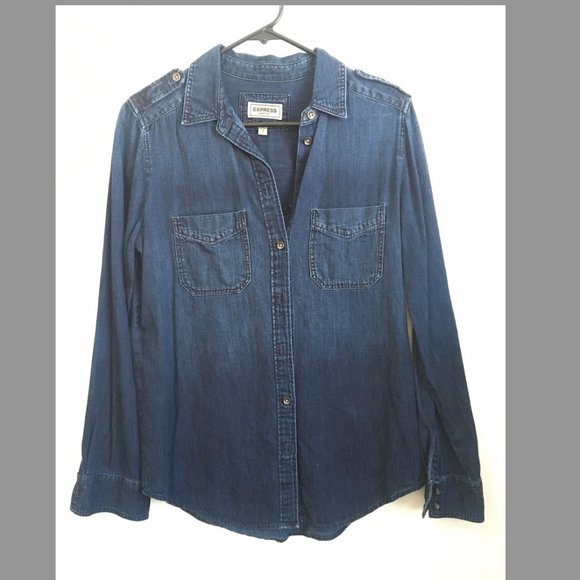 Express Boyfriend Fit Dark Wash Chambray Shirt, Size Small - Picture 1 of 3